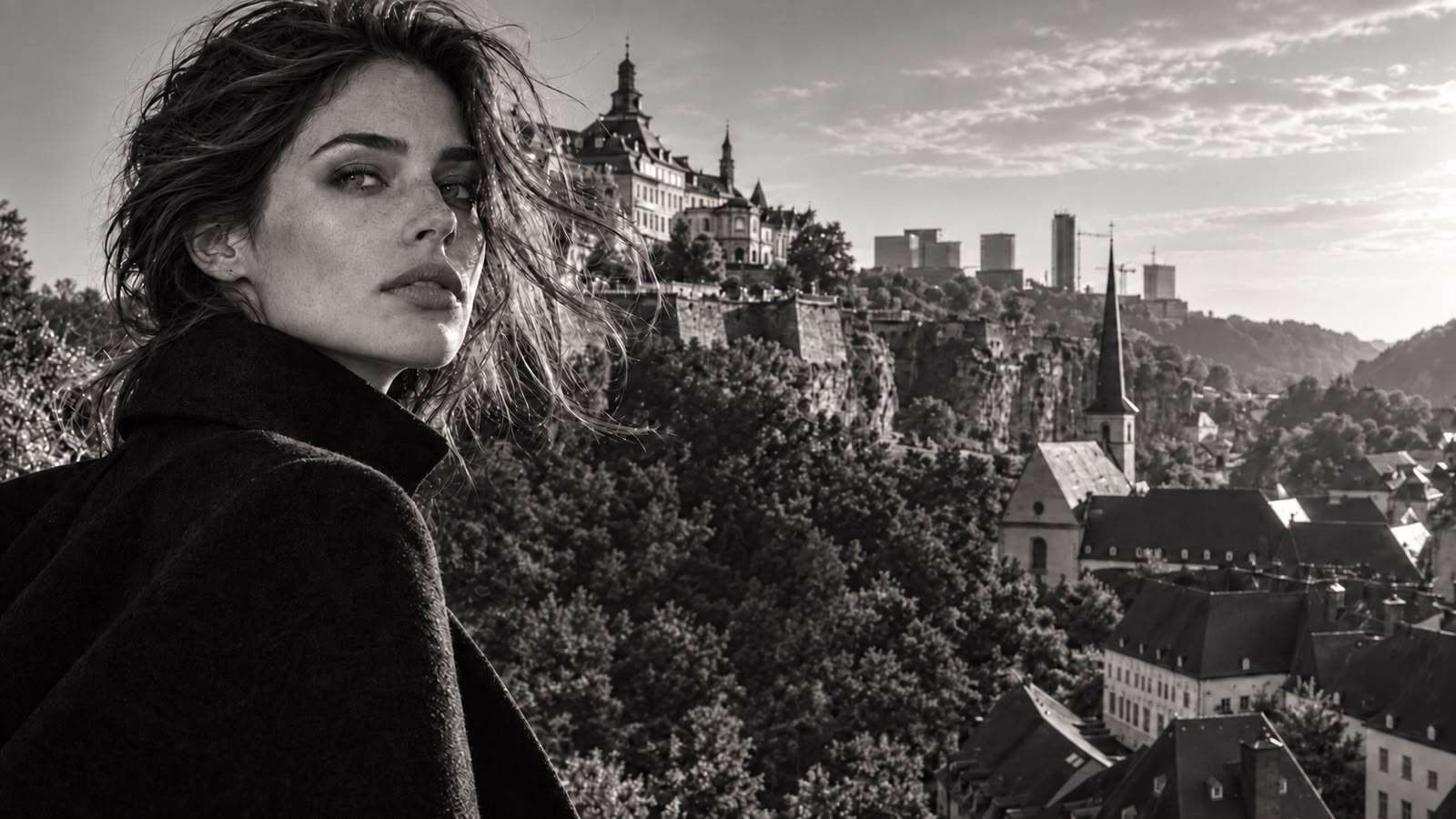 Portrait éditorial en noir et blanc d’un mannequin Modinlux, cheveux au vent, avec la vieille ville et les fortifications de Luxembourg en arrière-plan
